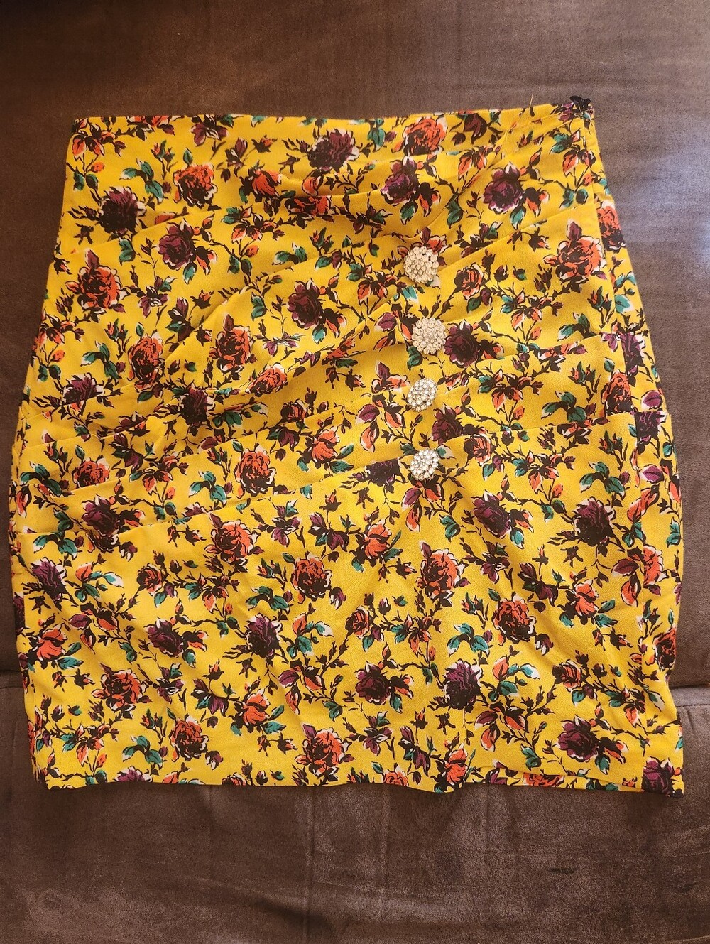 Zara Draped Floral Print Mini Skirt with Gem/Rhinestone Buttons